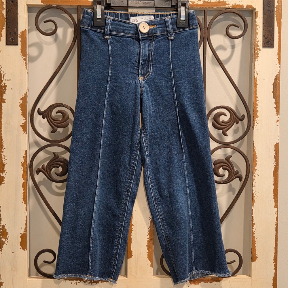 Zara Kids Girls Wide Leg Seam Front Raw Hem Denim Jeans Blue Size 5